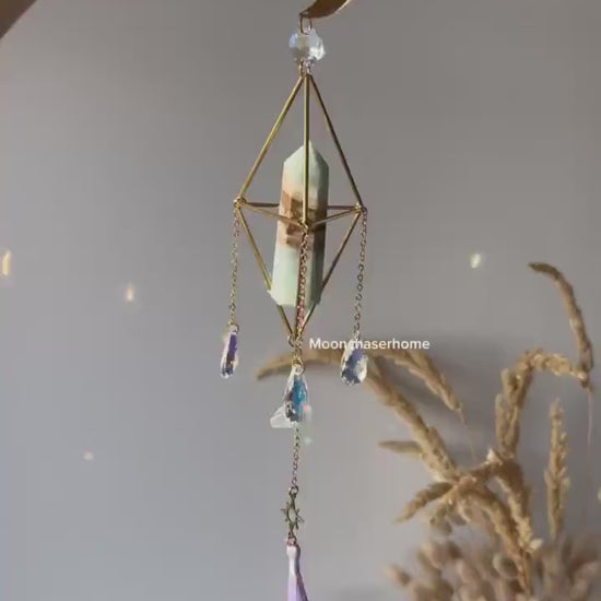 Carabbean Calcite Cresent moon suncatcher, hanging crystal