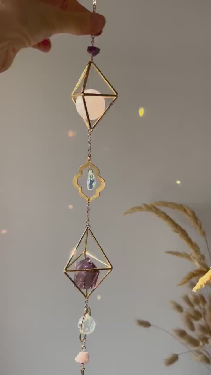 Suncatcher for window decor crystal -Shakti- amethyst and rose quartz decor