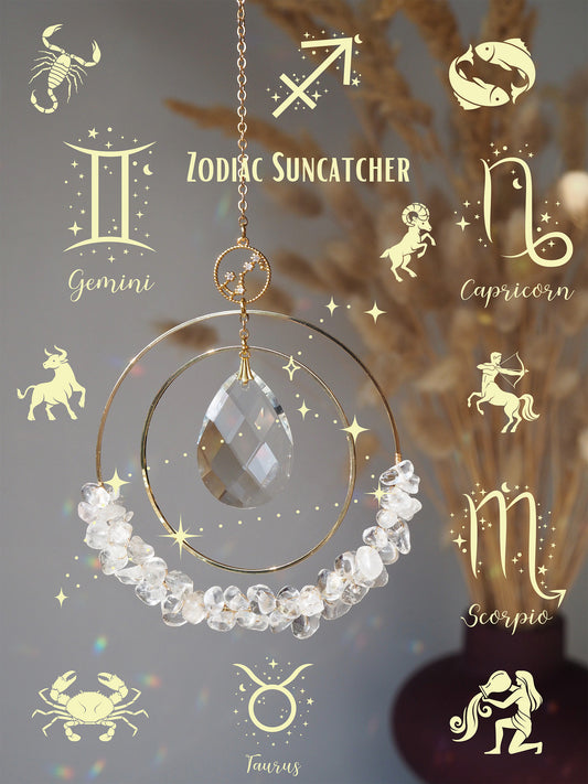 Zodiac Suncatcher with birthstone, Aziza prism, car charm with gemstones, horoscope gift, Birthday gift