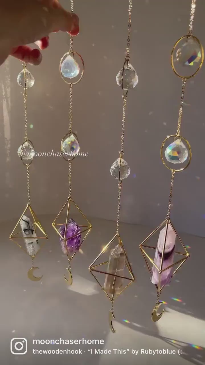 Leela long crystal sun catcher with moon pendant, rainbow prism, light maker, rainbow maker, geometric sun catcher