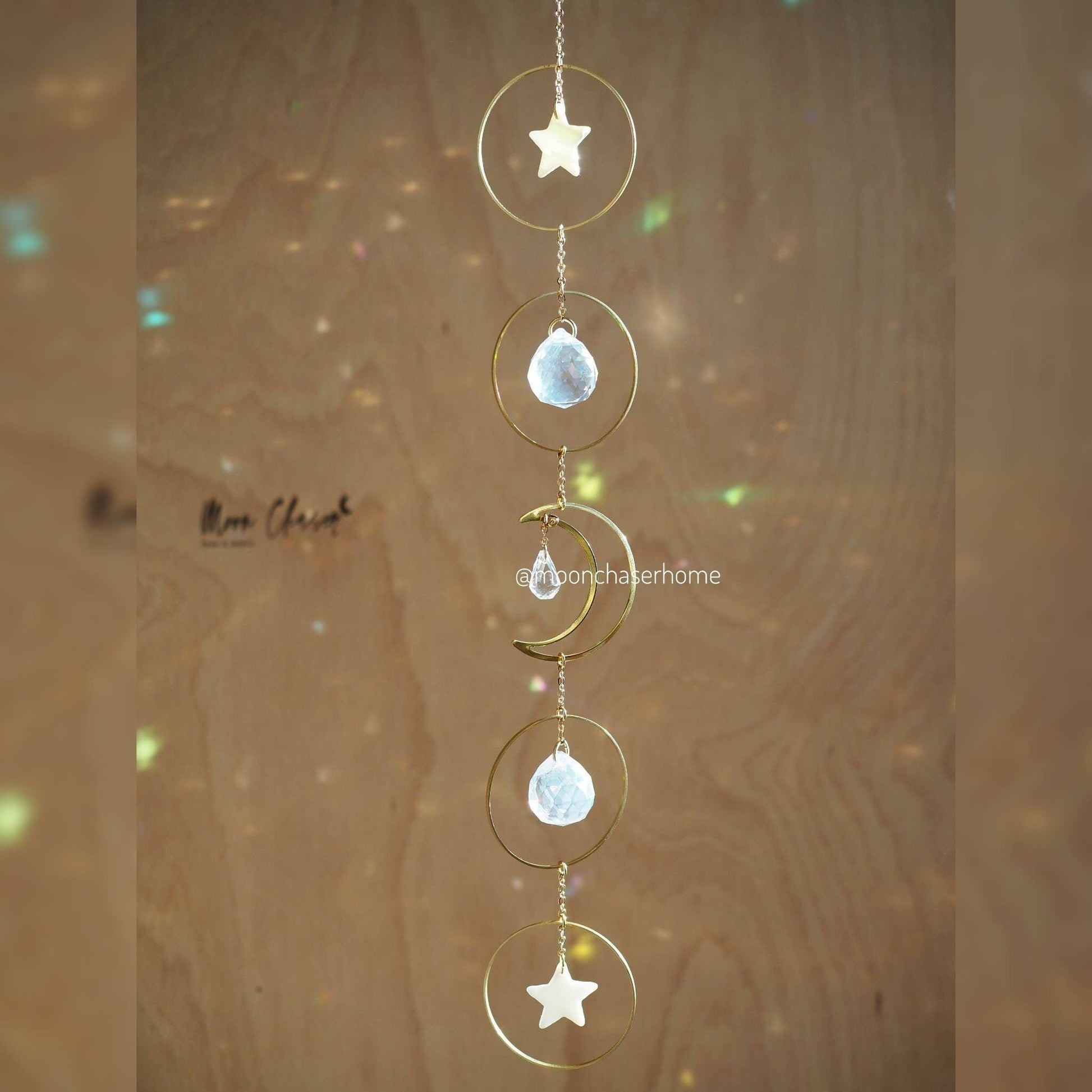 Celestial brass moon&stars long sun catcher with shell stars, gift for girls, rainbow prism, light diffuser, fairy decor,