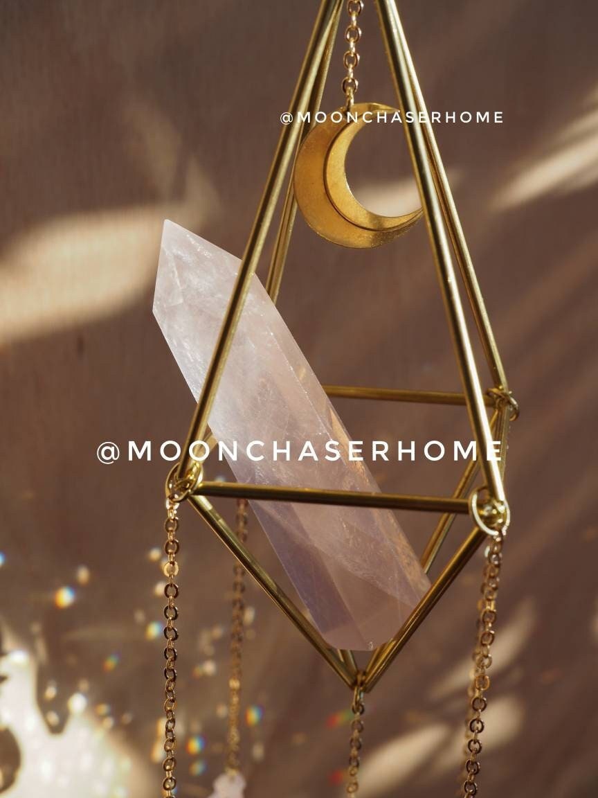 Rose quartz crystal sun catcher with moon pendant, rainbow prism, light diffuser, home decoration, housewarming gift, birthday gift