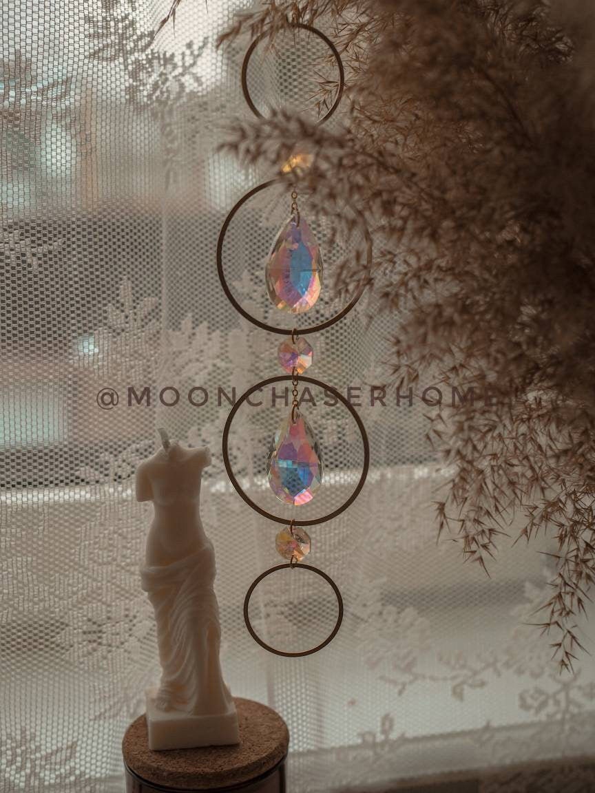Zohra crystal sun catcher with brass or gold plated brass hoops, rainbow prism, light diffuser, boho home decoration, fairy decor, gift idea