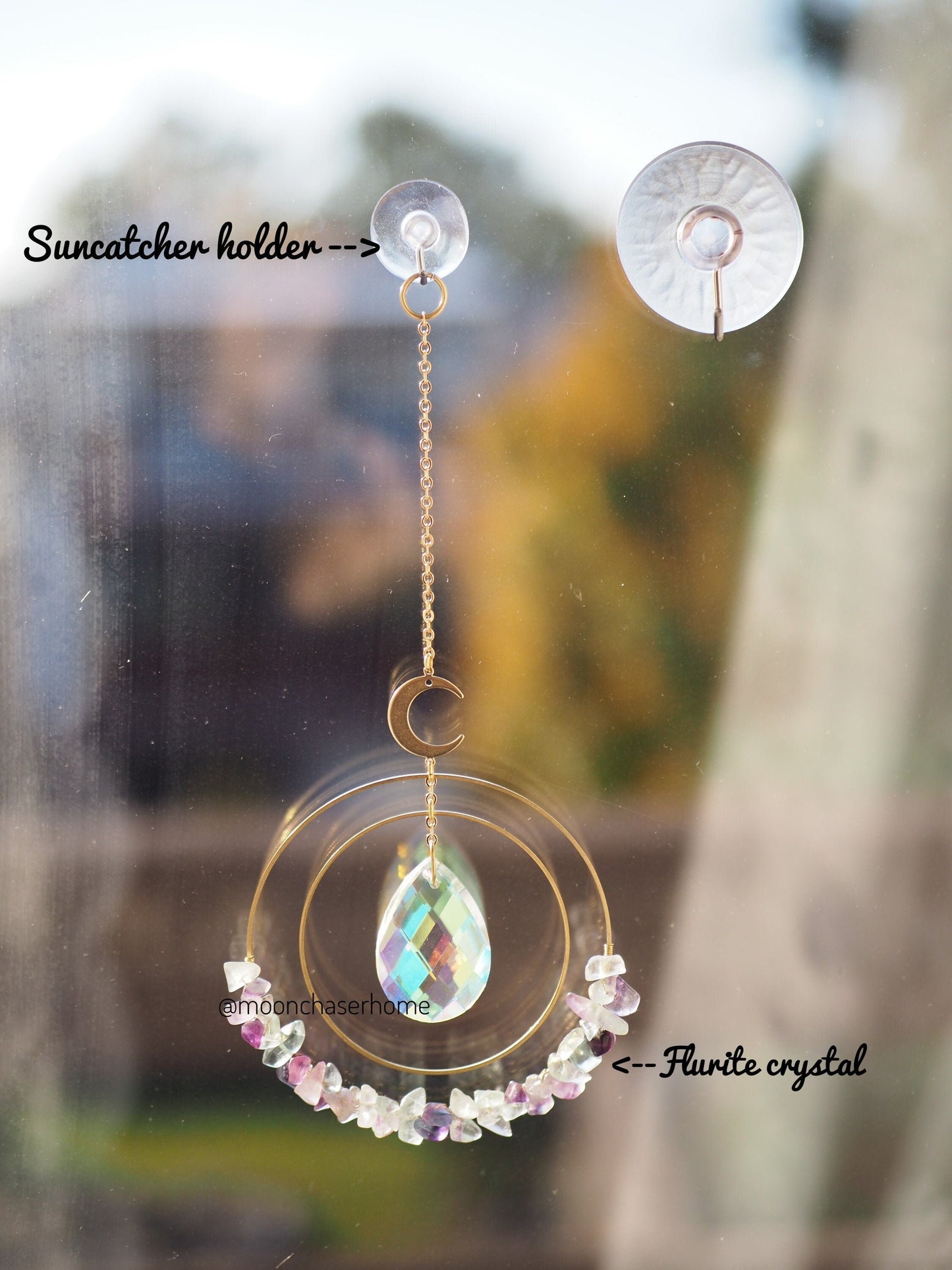 Aziza suncatcher+natural crystals-Indian Agate-18K real GOLD PLATED moon, Mother's day gift,car charm,gift for woman,birthday gift
