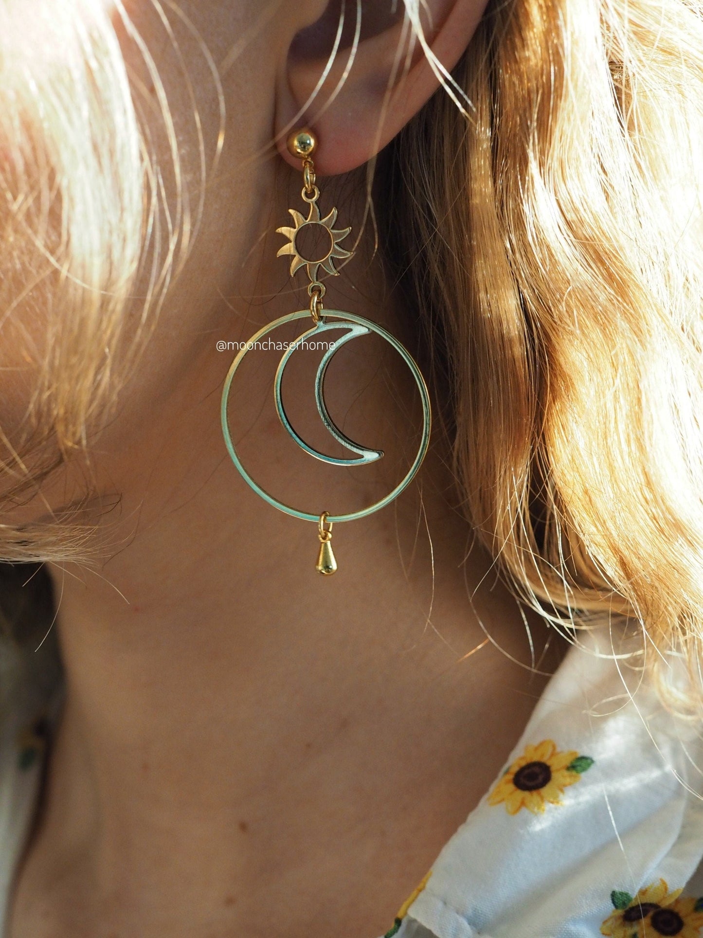 18K Gold Plated hoop earring with moon, boho earring, boho earrings, boheman jewelry,Birthday gift,gift for woman, celestial earring