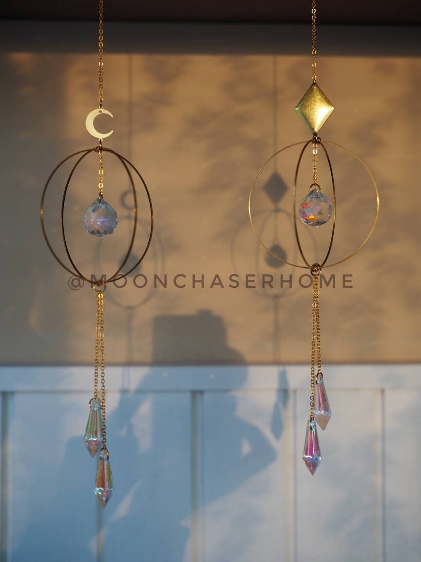 Colette crystal sun catcher with brass moon or rhombus, rainbow prism, light maker, bohemian home decoration, gift idea