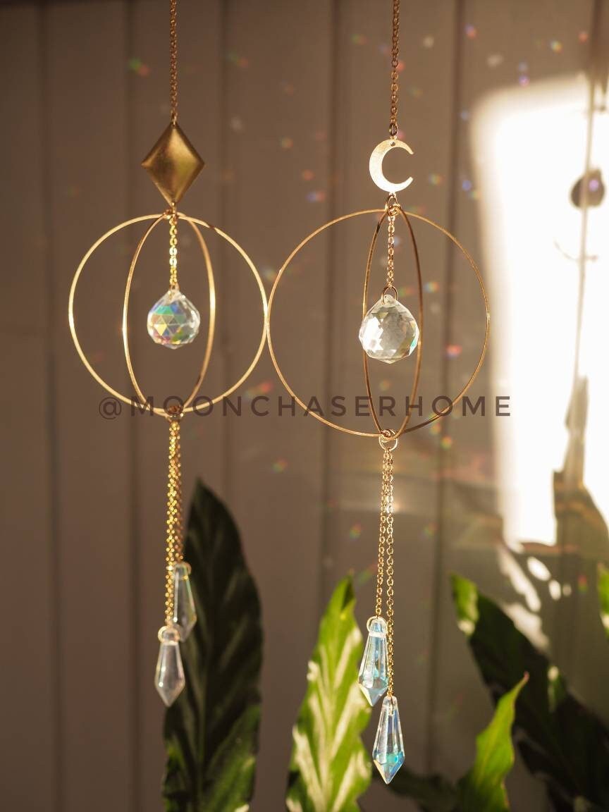 Colette crystal sun catcher with brass moon or rhombus, rainbow prism, light maker, bohemian home decoration, gift idea