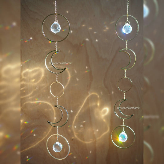 Luna crystal sun catcher with brass moons, rainbow prism, light diffuser, boho home decoration, housewarming gift