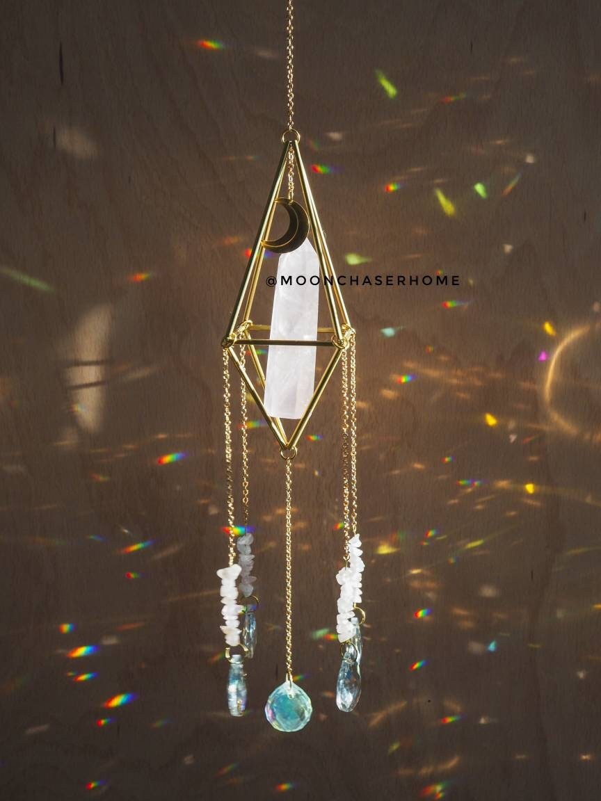 Rose quartz crystal sun catcher with moon pendant, rainbow prism, light diffuser, home decoration, housewarming gift, birthday gift
