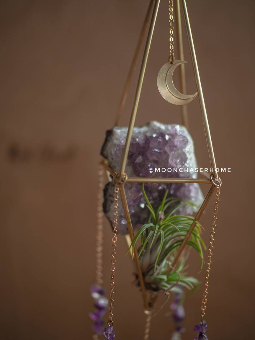 Luna&Amethyst druzy crystal sun catcher with moon, rainbow prism, housewarming gifts, rainbow maker, geometric sun catcher, air plant holder