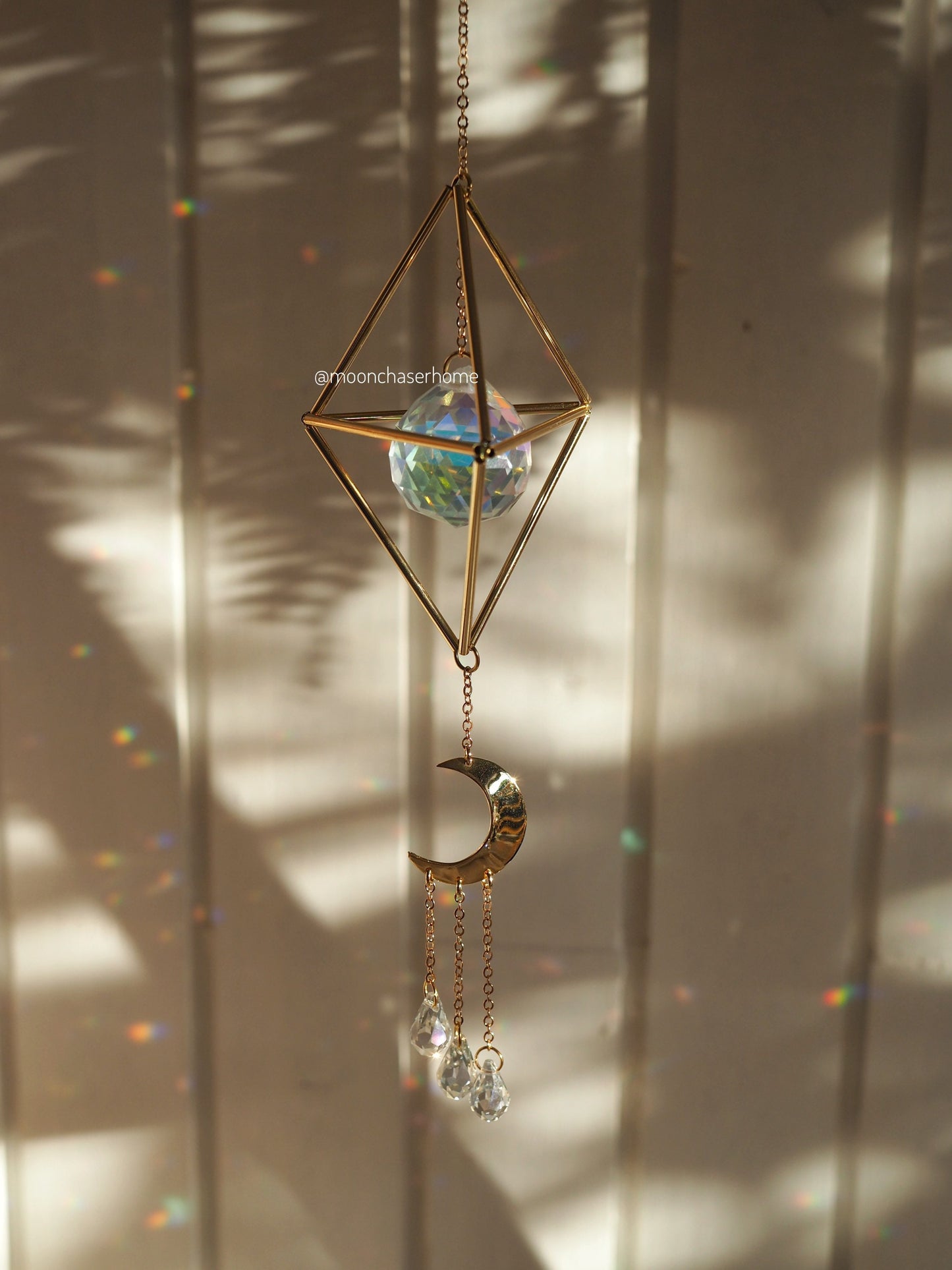 Window crystal crystal sun catcher with moon, rainbow prism, gift for her, rainbow maker, geometric sun catcher, gift for woman