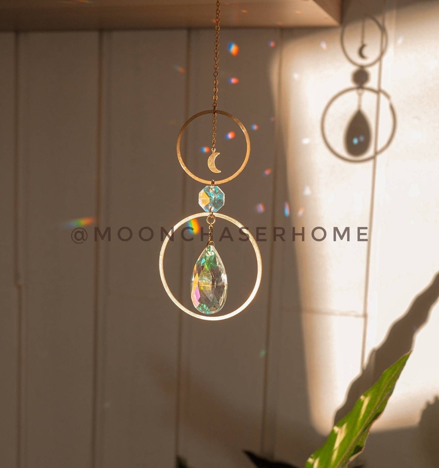Annie car charm-suncatcher with brass moon, rainbow prism, light diffuser, boho home decoration, housewarming gift