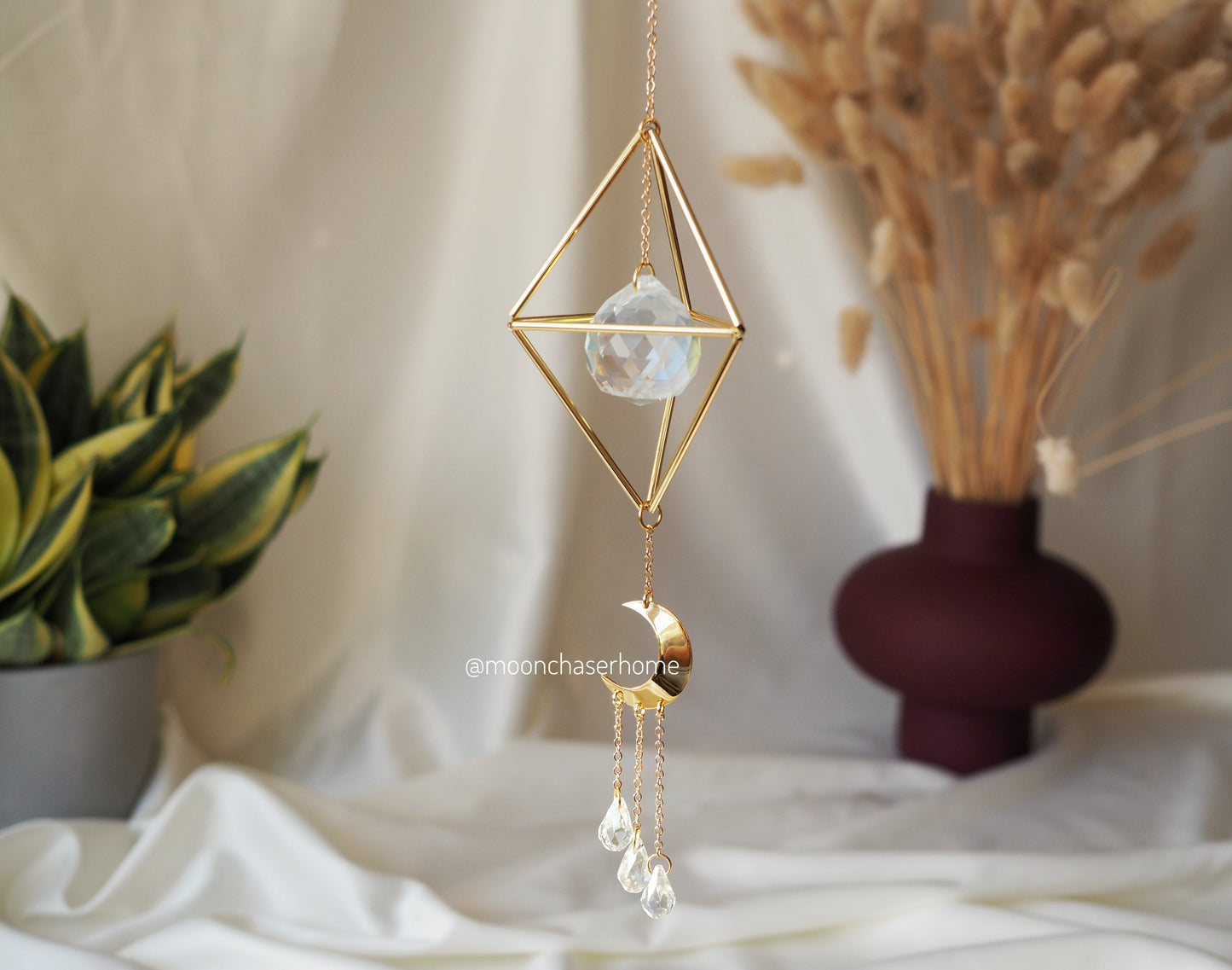 Window crystal crystal sun catcher with moon, rainbow prism, gift for her, rainbow maker, geometric sun catcher, gift for woman