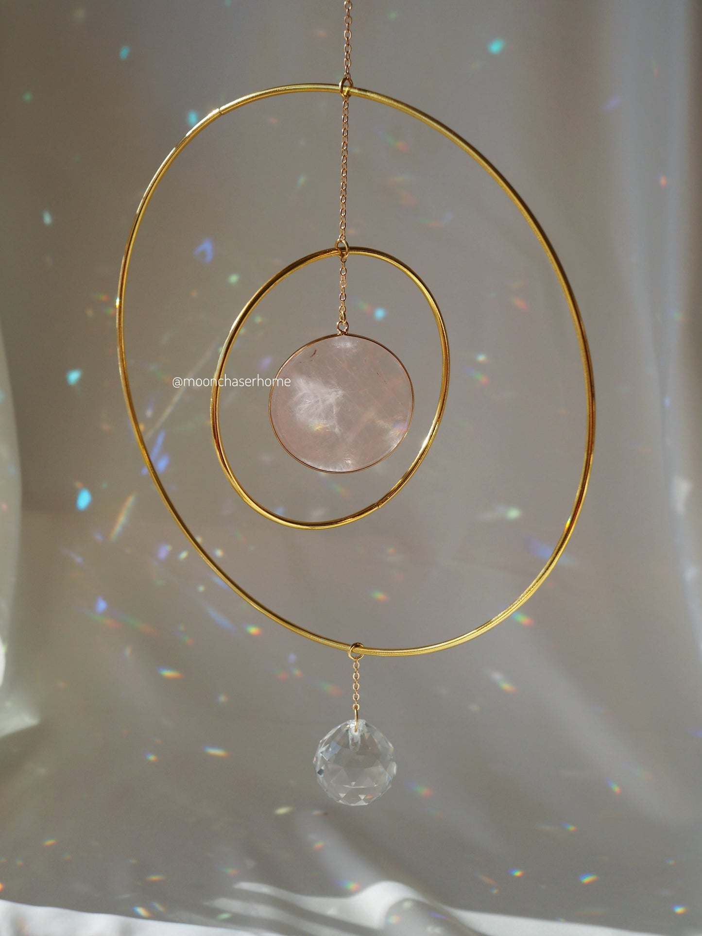 Anila-Big 19cm/7,4″ gold circle sun catcher mobile with natural crystals, amazonite, labradorite, rose quartz