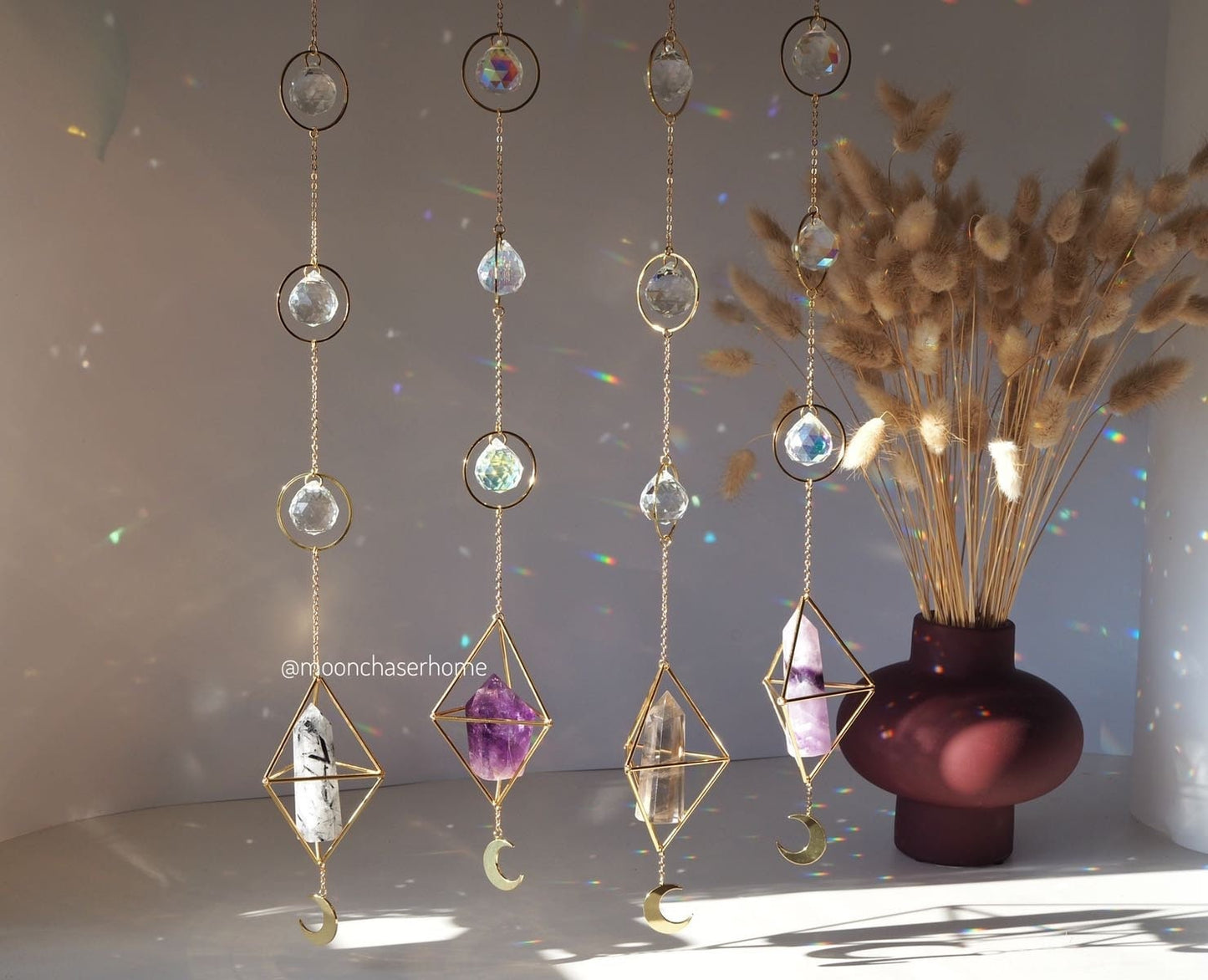 Leela long crystal sun catcher with moon pendant, rainbow prism, light maker, rainbow maker, geometric sun catcher