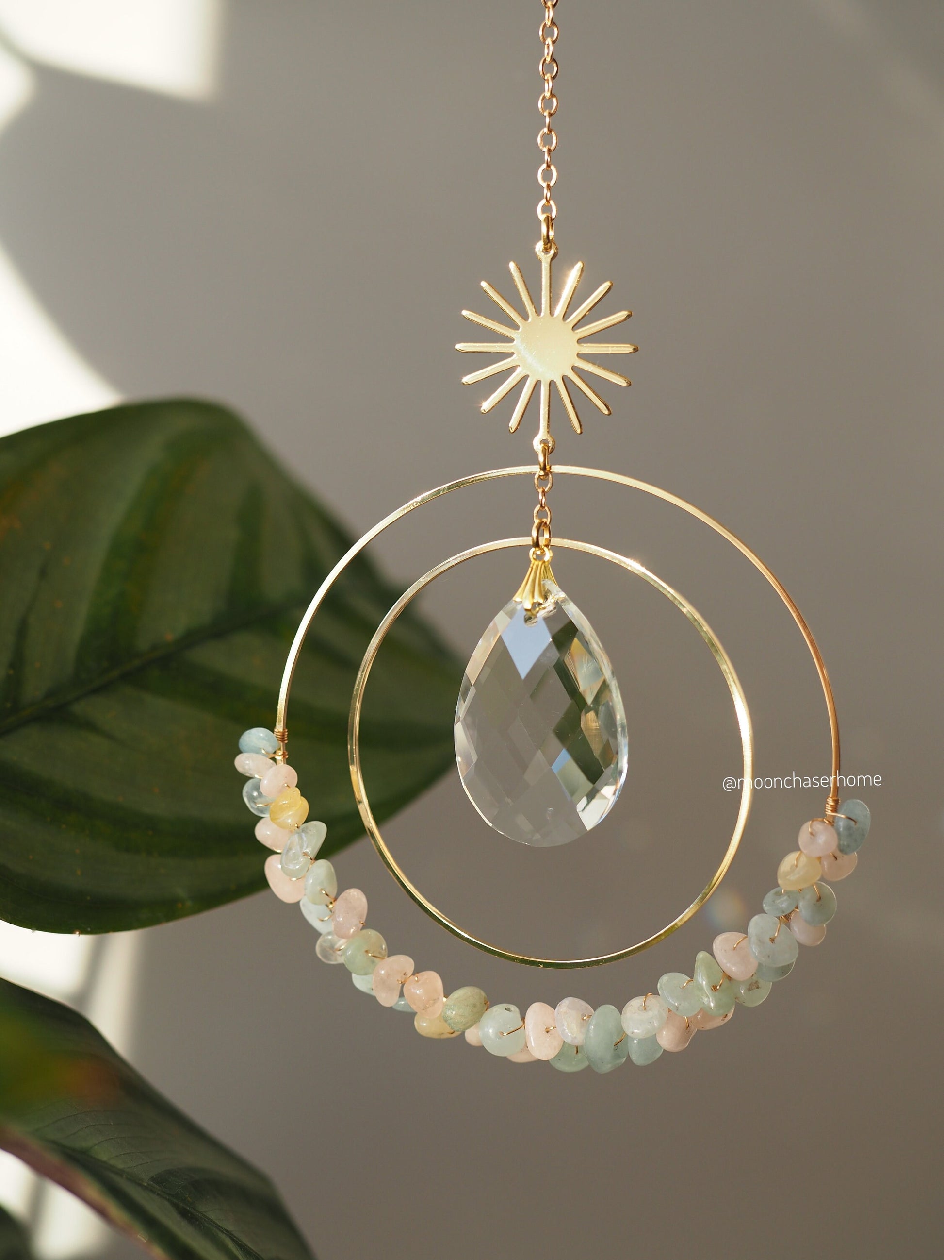 Aziza suncatcher with gold plated SUN and glass beads, crystal car charm, rainbow prism, light diffuser,boho home decoration, gift idea for