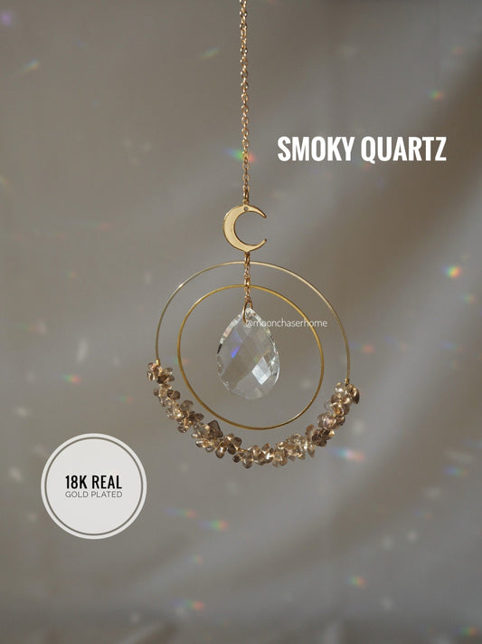 Aziza suncatcher+natural crystals-Smoky quartz -18K real GOLD PLATED moon, Mother&#39;s day gift,car charm,gift for woman,birthday gift