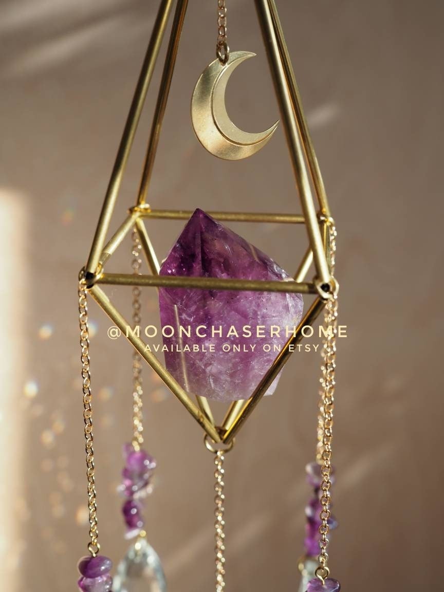 Aziza suncatcher with gold plated SUN and glass beads, crystal car cha –  Moonchaserhome