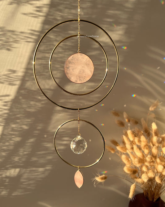 Meera light gold hoop suncatcher home decor  with two big rose quartz pendant, Valentine's day gift for woman
