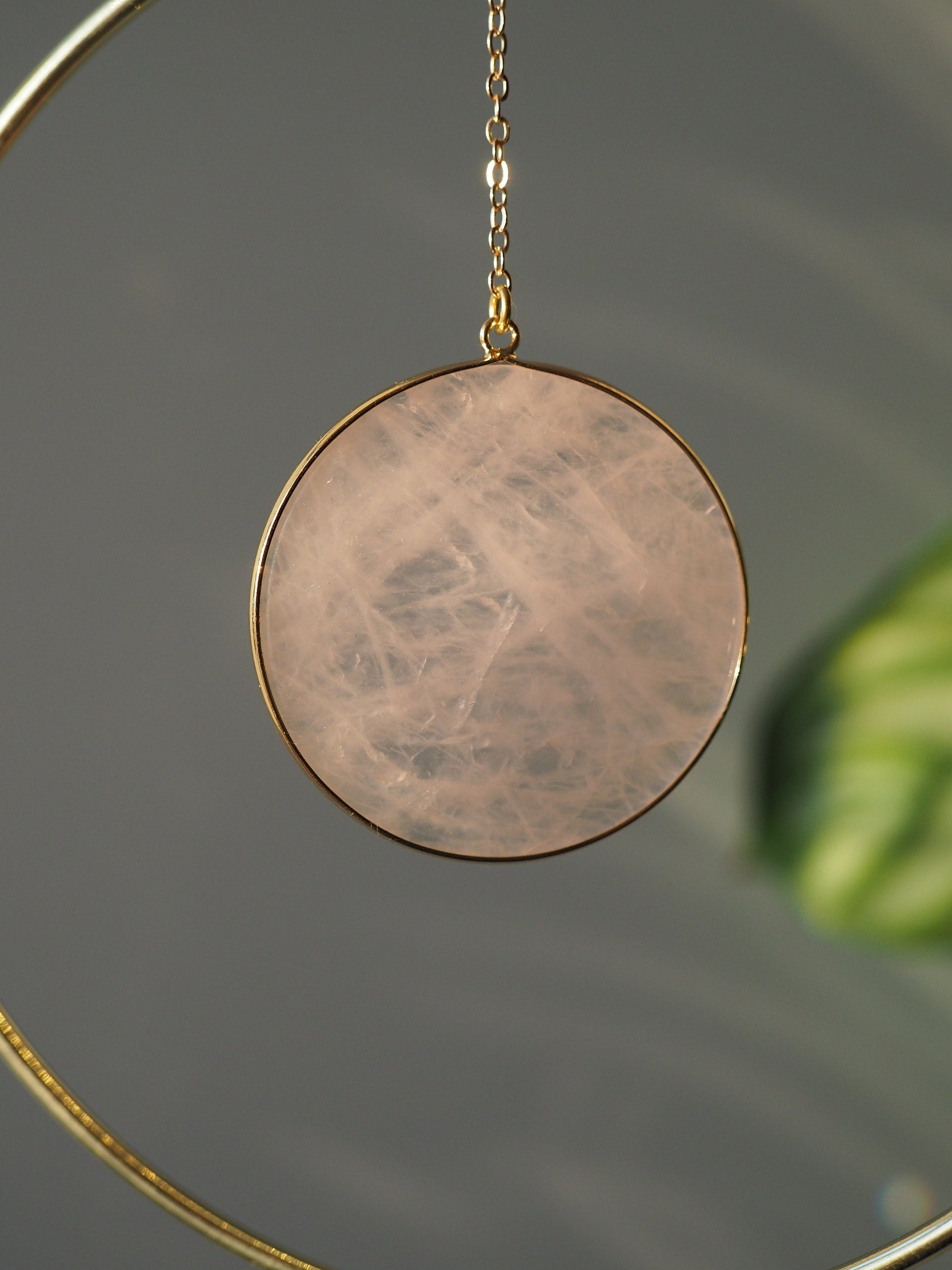 Miya-19cm/7,4″ gold circle Wall hanging/suncatcher with two big rose quartz pendant, housewarming gift