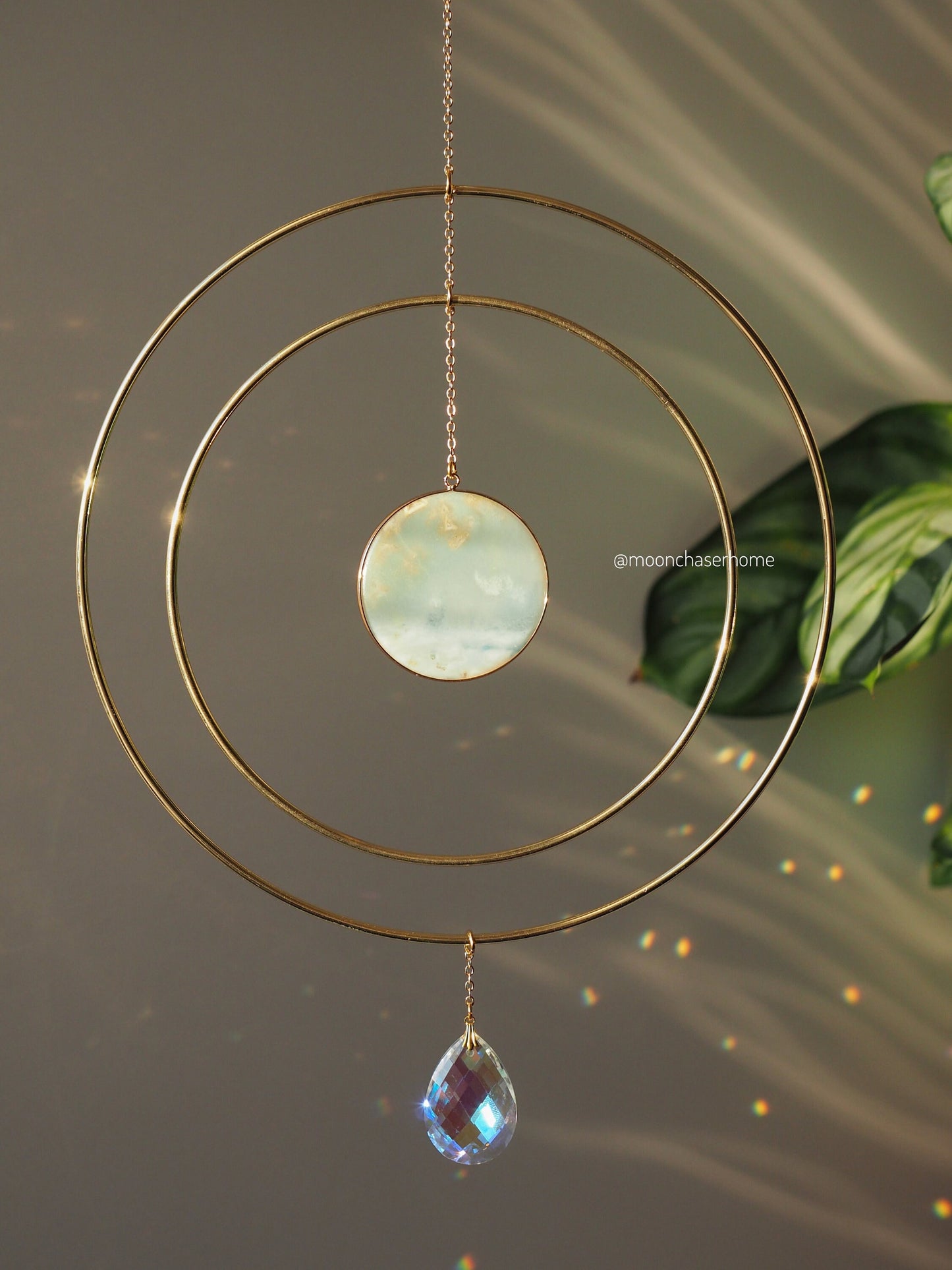 Anila-Big 19cm/7,4″ gold circle sun catcher mobile with natural crystals, amazonite, labradorite, rose quartz