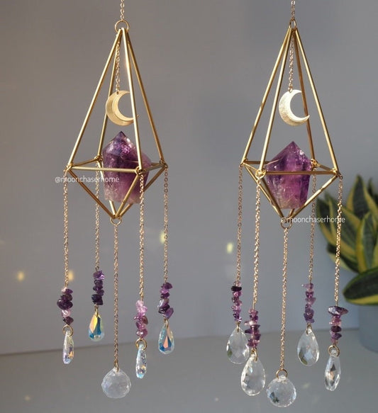 Luna&Amethyst crystal sun catcher with brass moon, rainbow prism, light diffuser, rainbow maker, geometric sun catcher, gift for woman