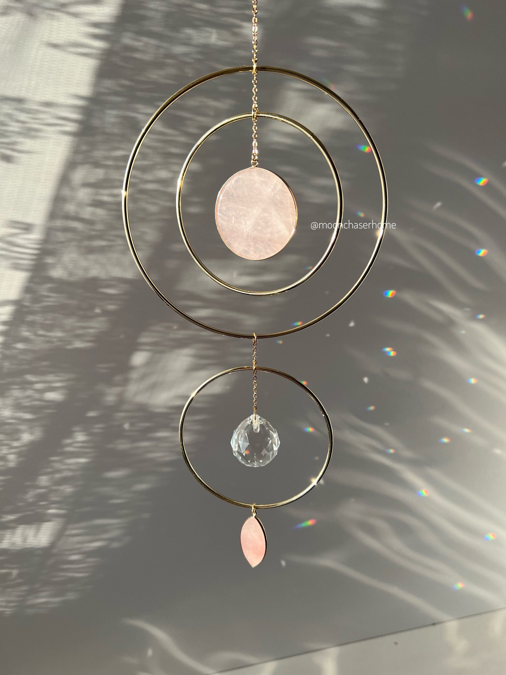 Meera light gold hoop suncatcher home decor  with two big rose quartz pendant, Valentine's day gift for woman