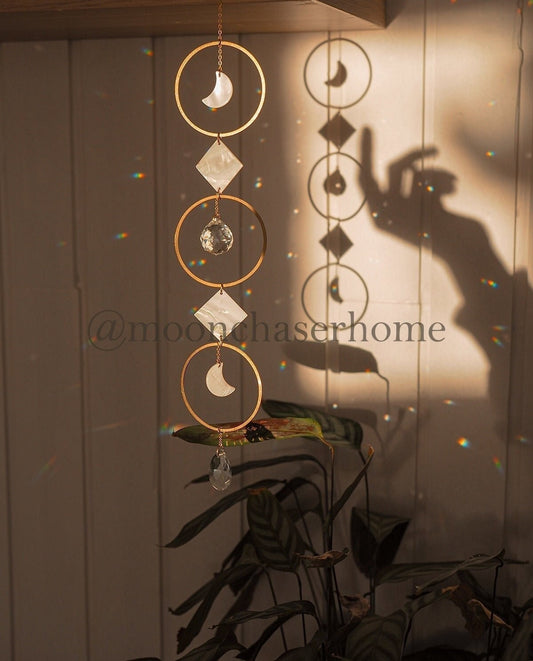 Nala Sun Catcher with shell and brass hoops,  Fairy or Sphere Prism, Window Hanging Rainbow Maker