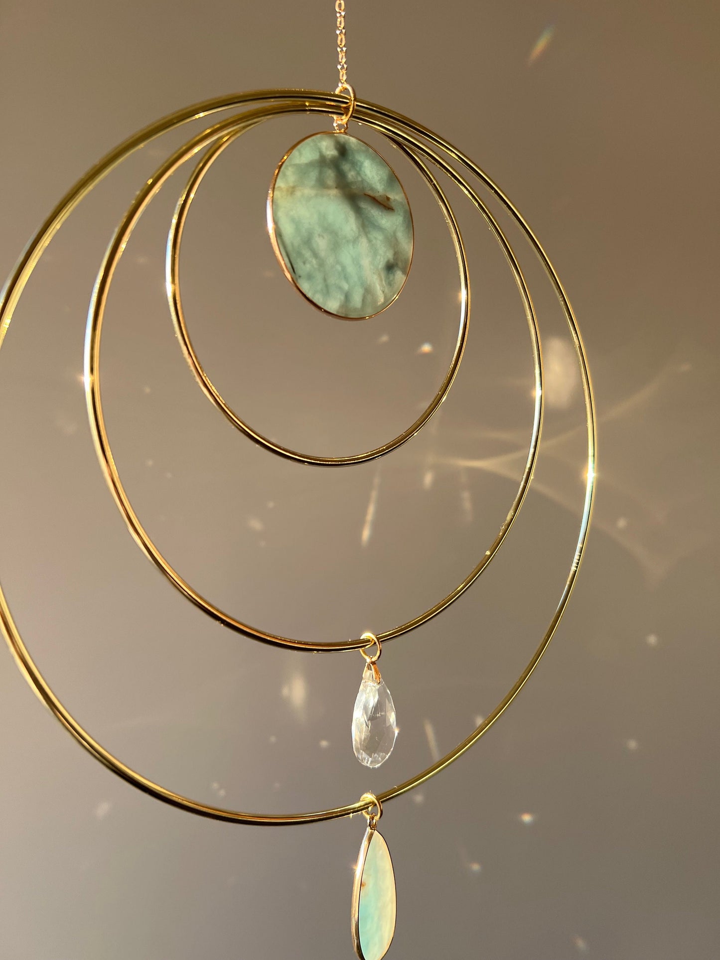 Miya-19cm/7,4″ gold circle Wall hanging/suncatcher with two big rose quartz pendant, housewarming gift