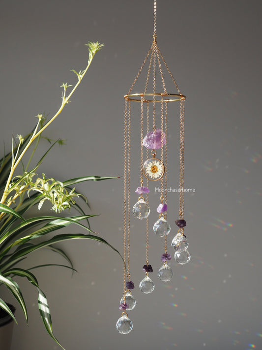 Amethyst Suncatcher, wind charm, spiral hanging crystal prism
