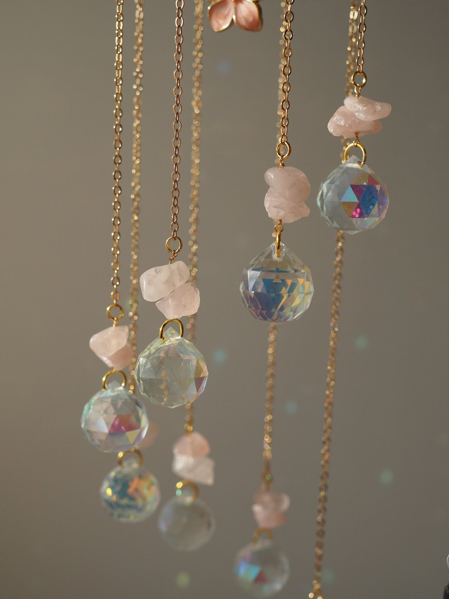 Rose quartz Suncatcher, wind charm, spiral hanging crystal prism, hanger suncatcher