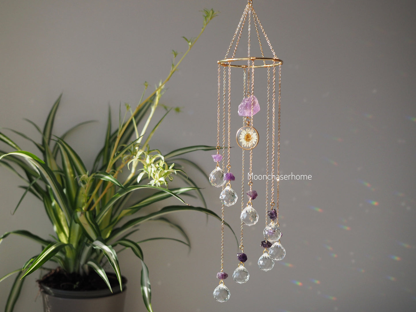 Amethyst Suncatcher, wind charm, spiral hanging crystal prism