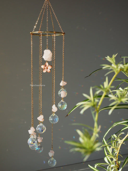 Rose quartz Suncatcher, wind charm, spiral hanging crystal prism, hanger suncatcher